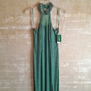 282a. vintage teal Sean Collection 100% pure silk beaded maxi formal dress, M